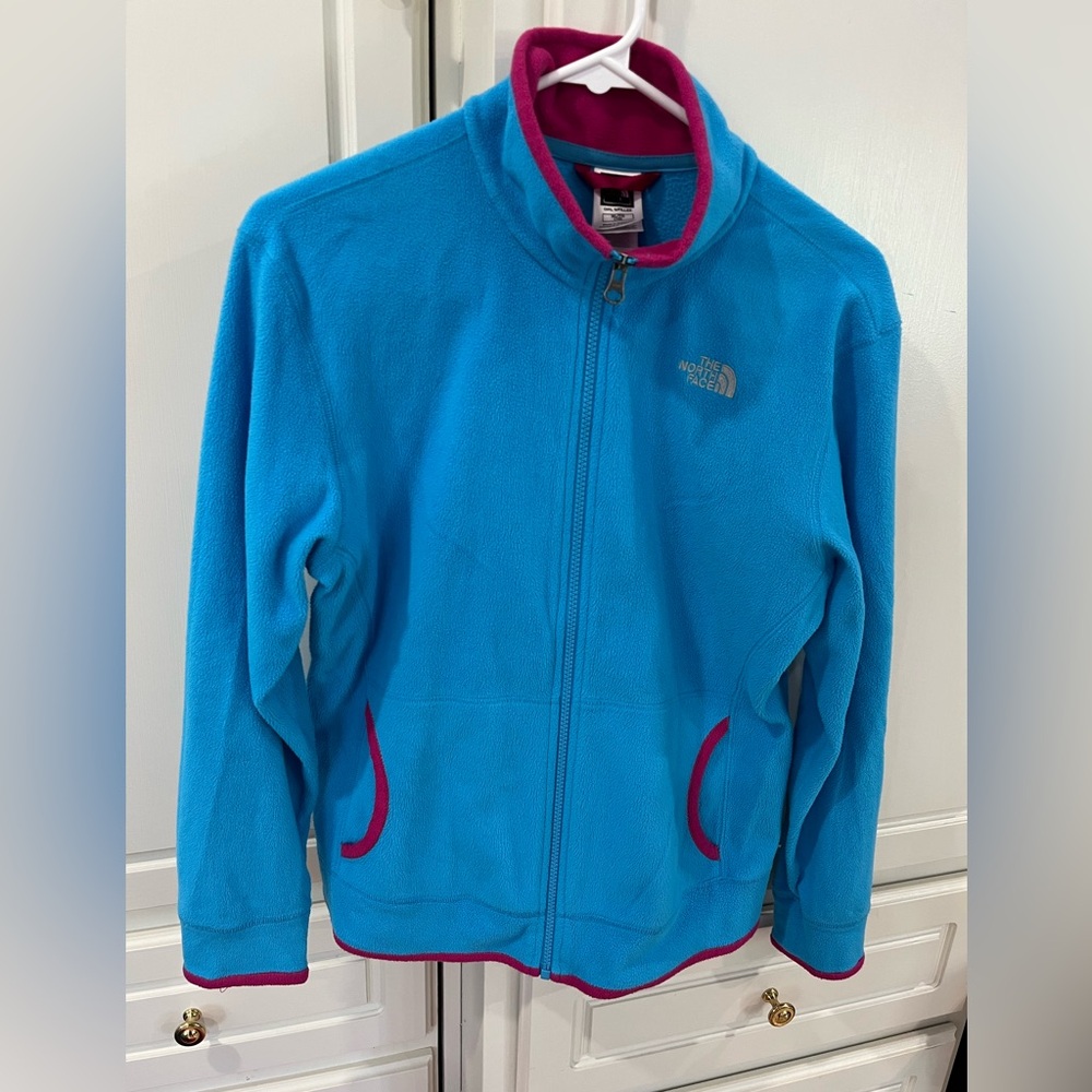 The North Face Kids Blue Fleece Jacket with Pink Trim